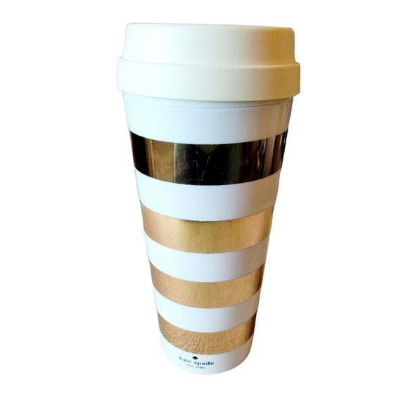 Kate Spade Gold and Cream Stripe Thermal Tumbler/Mug With Lid - Picture 1 of 5